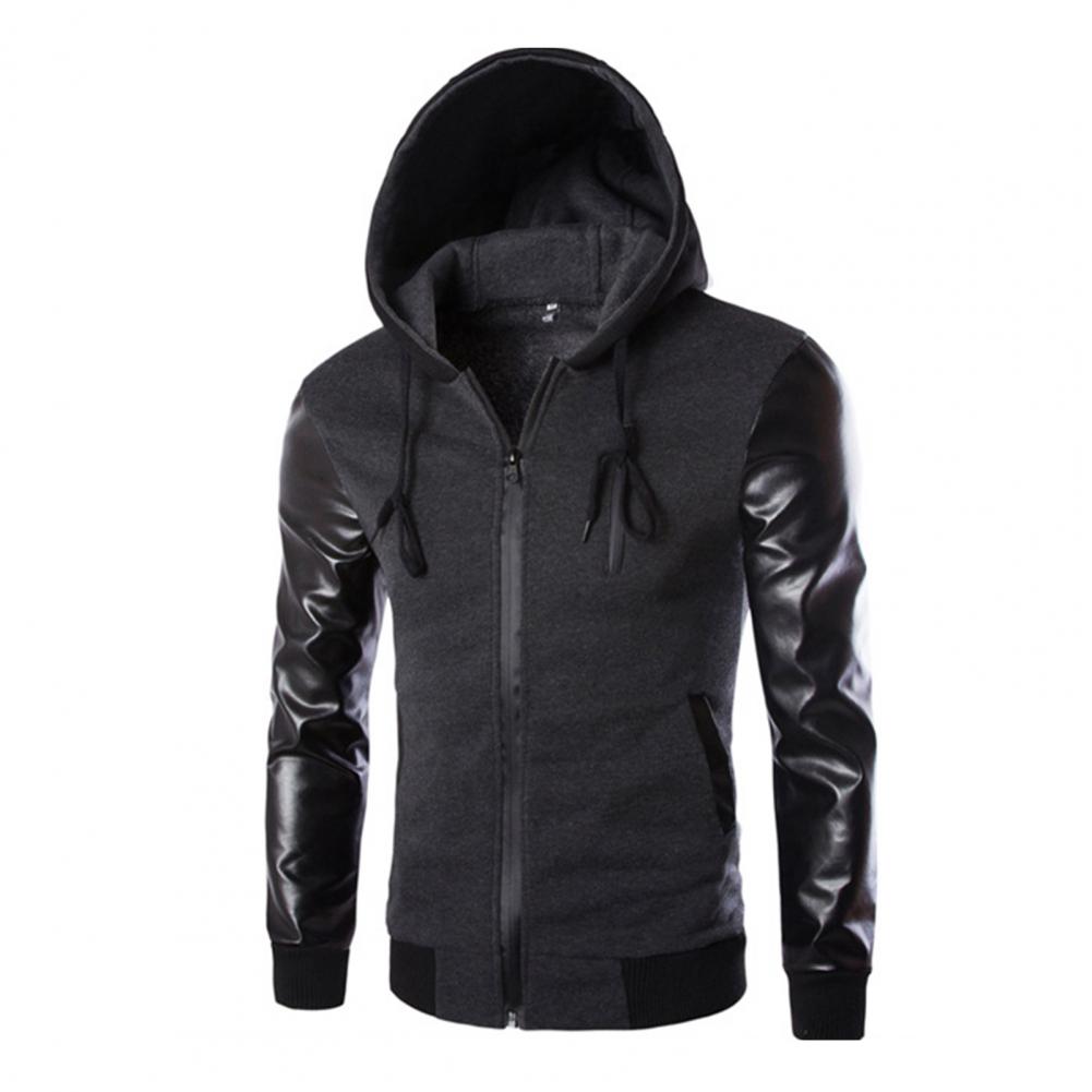 Men Jacket Faux Leather Sleeve Pockets Hoodies Sweatshirts Military Windbreaker Spring Autumn Outerwear свитер оверсайз