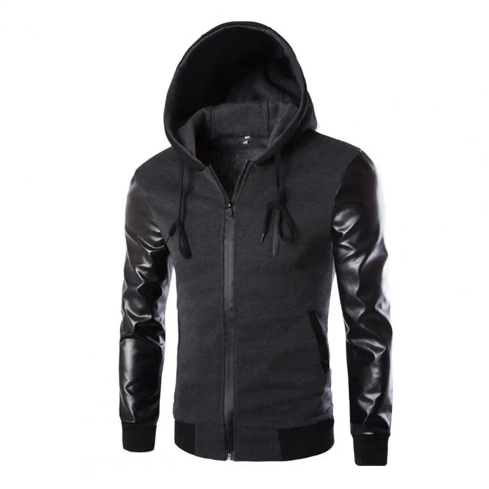 Men Jacket Faux Leather Sleeve Pockets Hoodies Sweatshirts Military Windbreaker Spring Autumn Outerwear свитер оверсайз