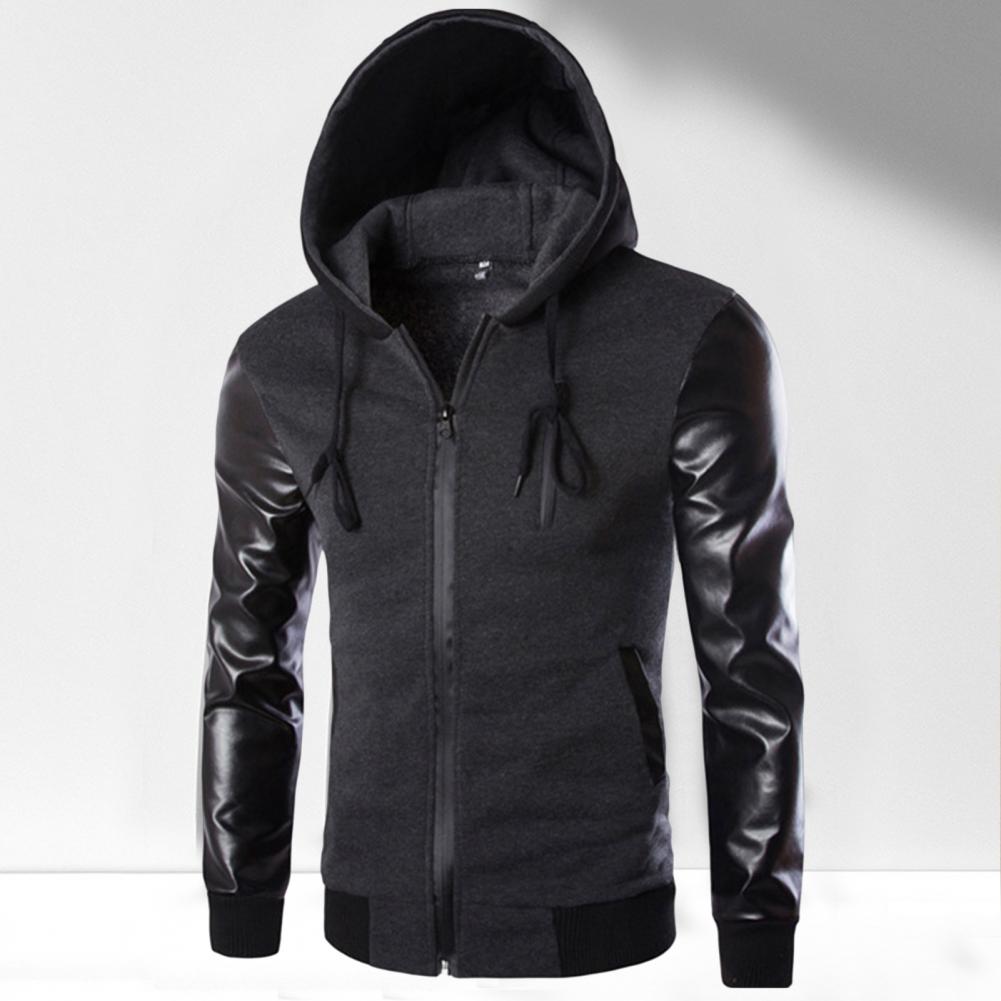 Men Jacket Faux Leather Sleeve Pockets Hoodies Sweatshirts Military Windbreaker Spring Autumn Outerwear свитер оверсайз