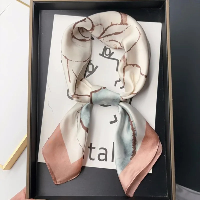 Luxury Brand 2024 Square Scarf Women Cat Neck Hair Tie Band Beach Hijab Kerchief Head Headbands Bandana Female Foulard 70cm