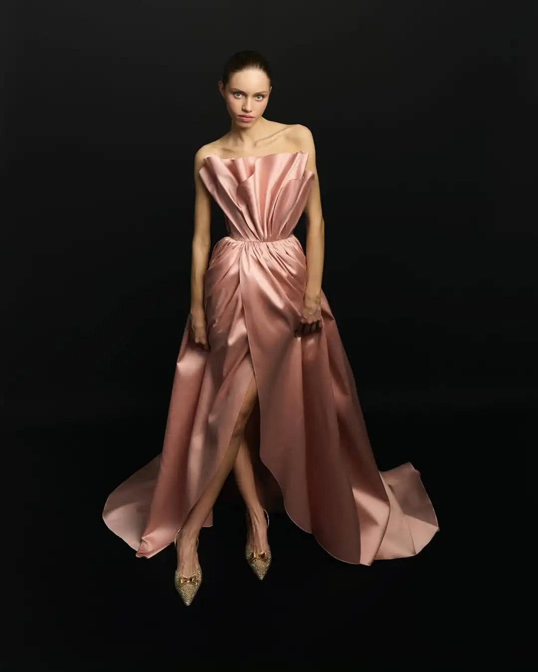 Couture 2025 Formal Party Dresses Strapless Ruffled Silk Satin Evening Maxi Dress High Slit Celebrity Formal Dress Prom Gowns
