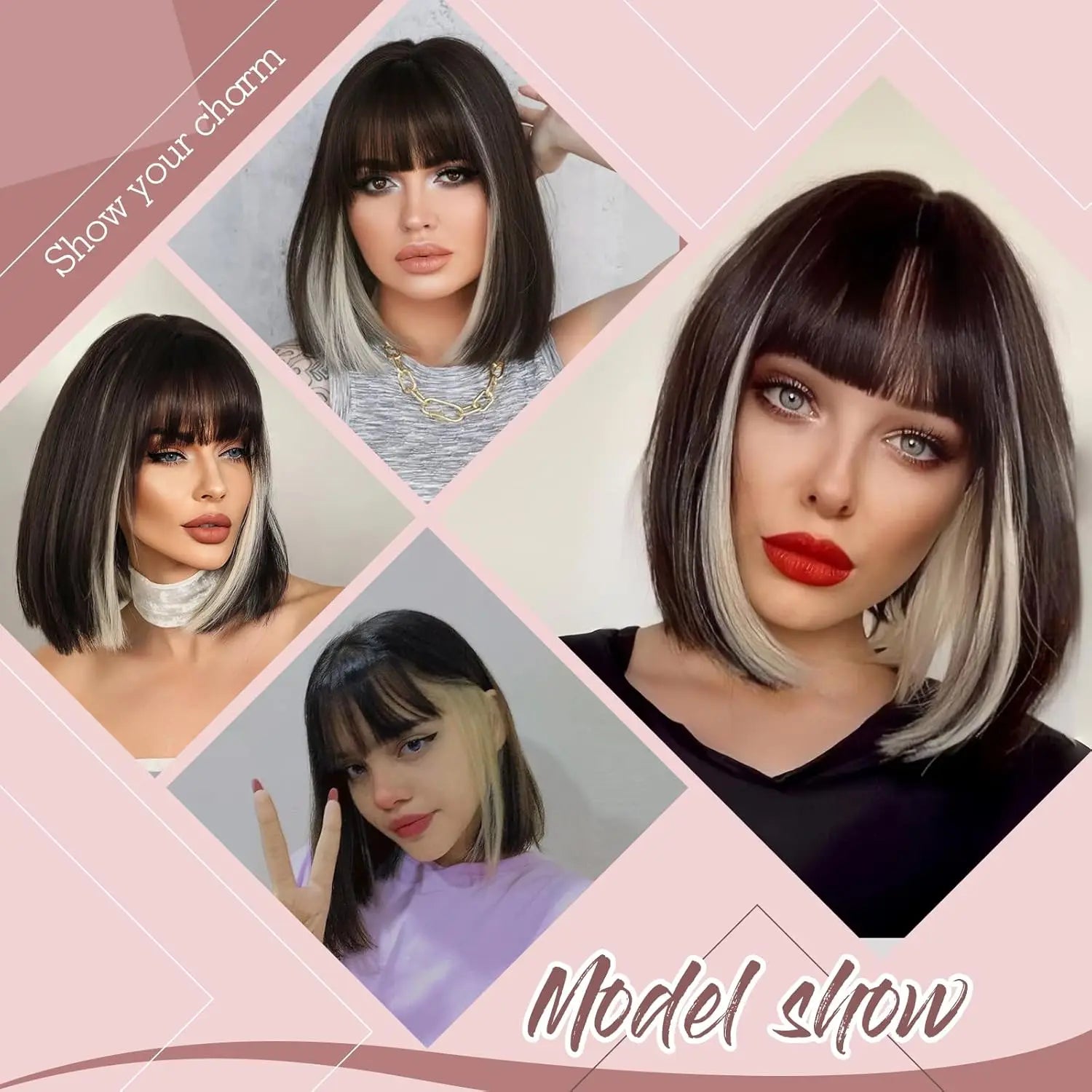 Short Straight Bob Synthetic Wigs for Women White With Black Brown Highlights Cosplay Hair With Bangs Daily Lolita Natural Wigs