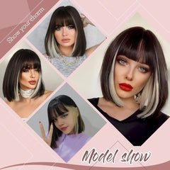 Short Straight Bob Synthetic Wigs for Women White With Black Brown Highlights Cosplay Hair With Bangs Daily Lolita Natural Wigs