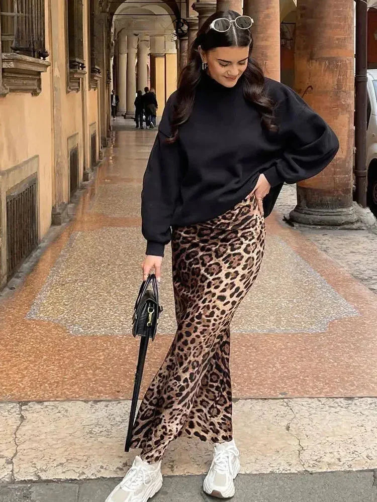 Mooyufon 2024 Women Fashion Leopard Print Skirt Vintage High Waist Midi Skirts Elegant Women Summer Casual Streetwear Skirt