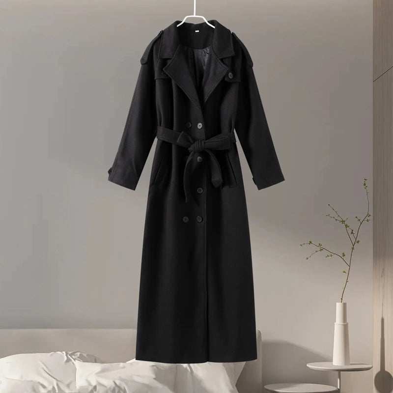 Elegant Fur Lapel Maxi Coats Women Lace Up Full Sleeve Pocket Wool Long Overcoats 2024 Winter New Lady High Street Outwear