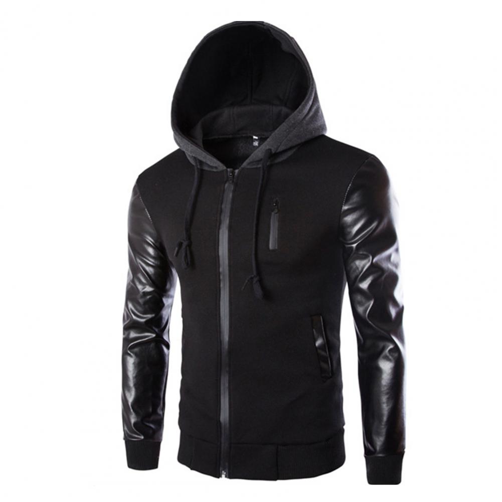 Men Jacket Faux Leather Sleeve Pockets Hoodies Sweatshirts Military Windbreaker Spring Autumn Outerwear свитер оверсайз