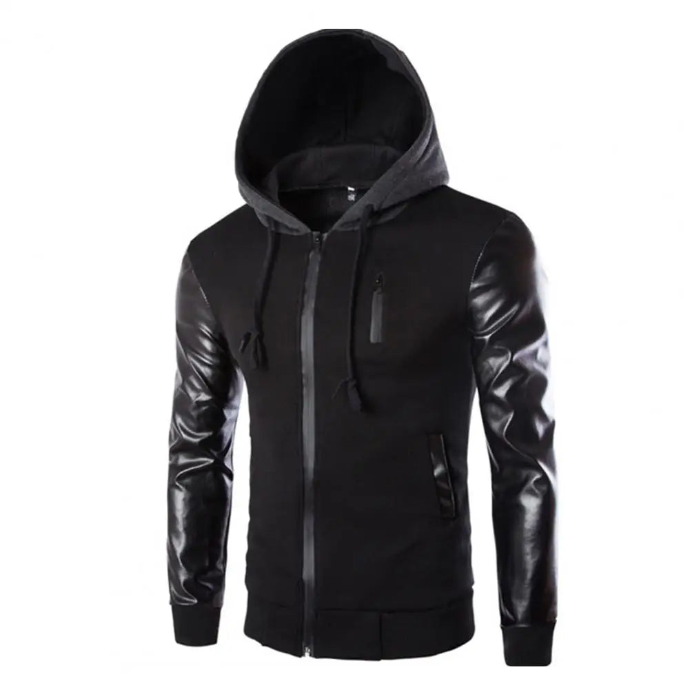 Men Jacket Faux Leather Sleeve Pockets Hoodies Sweatshirts Military Windbreaker Spring Autumn Outerwear свитер оверсайз