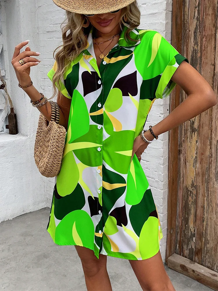 2024 New Summer Everyday Casual Women's Short-sleeved Shirt Dress Urban Fashion Single-breasted Dress 3D Printed Elegant Dress