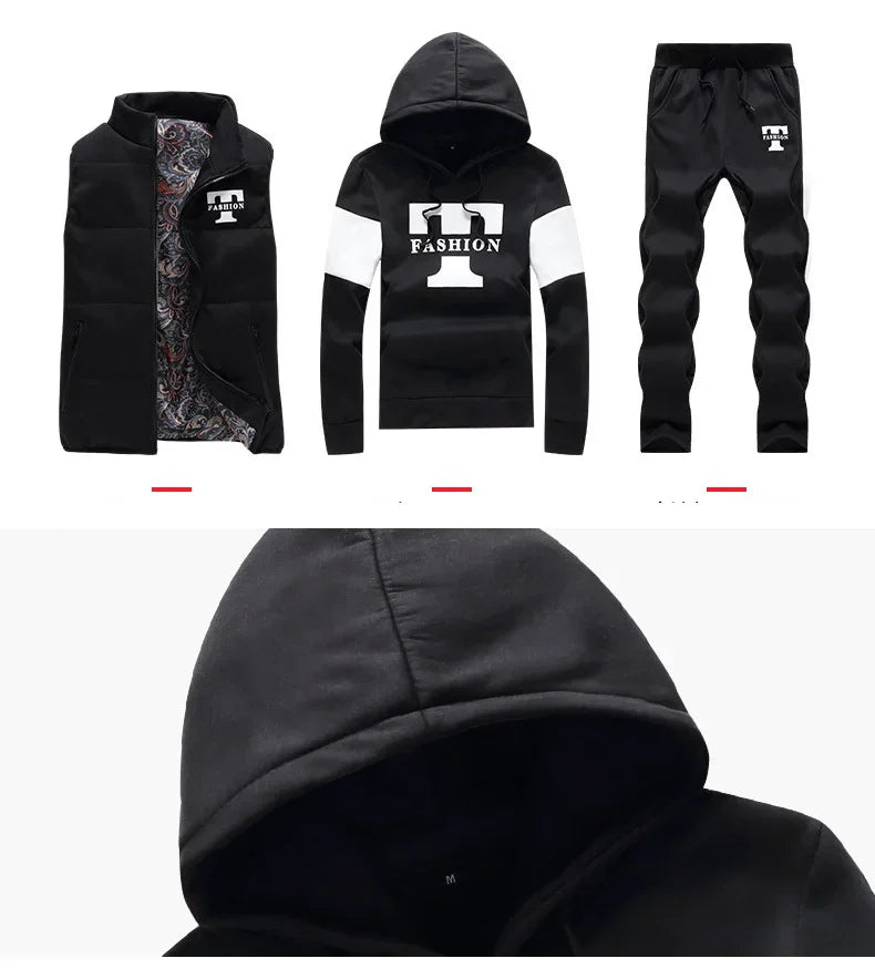 3 Pieces Set Hoodies+Vest+Pants Casual Men's Track Suit Clothing Coats Winter Thick Warm Tracksuit for Men Printed Mens Set Vest
