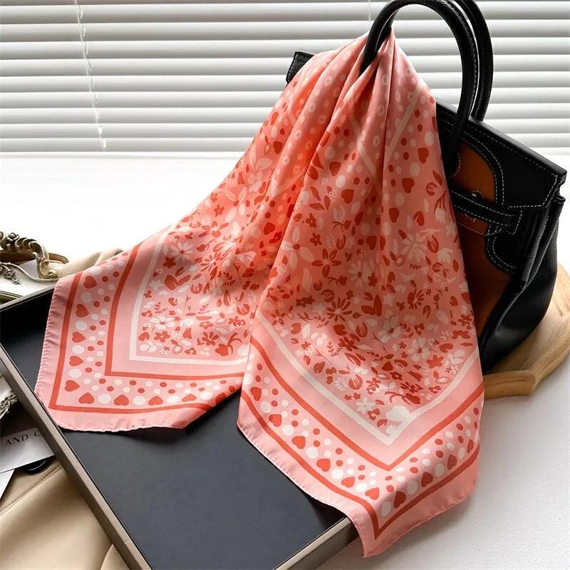 Luxury Print Silk Feeling Square Scarf Women Spring Neck Tie Shawl Wraps Female 70cm Hair Hand Wrist Headkercheif Hijab Bandana