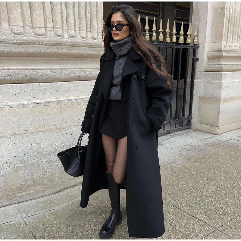 Elegant Fur Lapel Maxi Coats Women Lace Up Full Sleeve Pocket Wool Long Overcoats 2024 Winter New Lady High Street Outwear