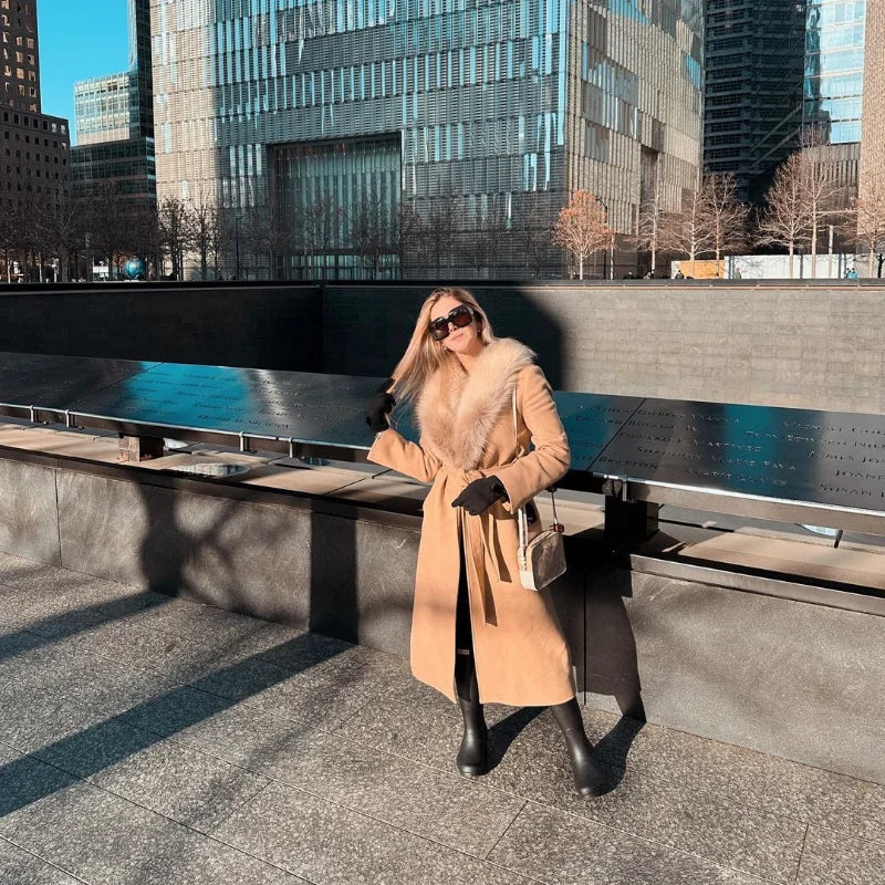 Elegant Fur Lapel Maxi Coats Women Lace Up Full Sleeve Pocket Wool Long Overcoats 2024 Winter New Lady High Street Outwear