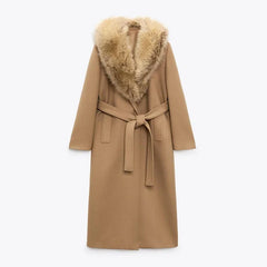 Elegant Fur Lapel Maxi Coats Women Lace Up Full Sleeve Pocket Wool Long Overcoats 2024 Winter New Lady High Street Outwear