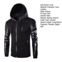 Men Jacket Faux Leather Sleeve Pockets Hoodies Sweatshirts Military Windbreaker Spring Autumn Outerwear свитер оверсайз
