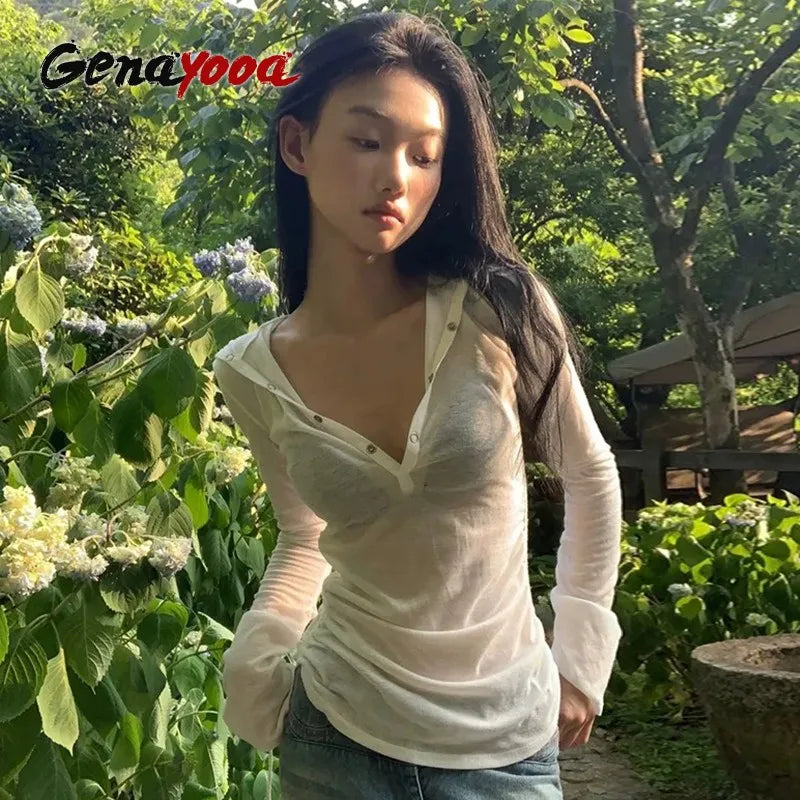 Genayooa Hooded Sheer T Shirt Woman Clothes Long Sleeve Korean Fashion 2000s Clothes Y2k See Through Autumn Tops Tees Female