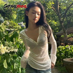 Genayooa Hooded Sheer T Shirt Woman Clothes Long Sleeve Korean Fashion 2000s Clothes Y2k See Through Autumn Tops Tees Female