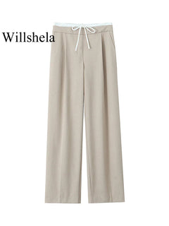 Willshela Women Fashion Solid Lace Up Side Zipper Straight Pants Vintage High Elastic Waist Female Chic Lady Trousers