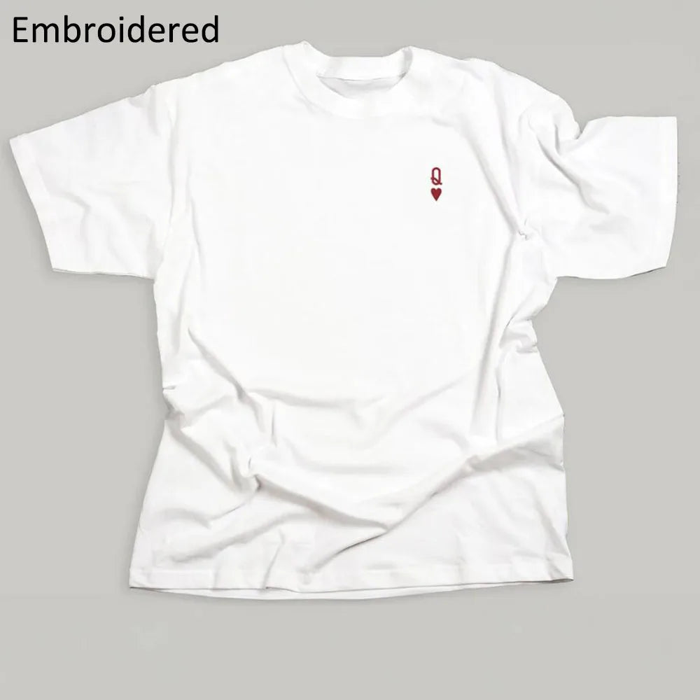 Queen of Hearts Letter Embroidered T Shirts Female White Loose Cotton Tops Tees Summer Short Sleeve Casual Shirt Women