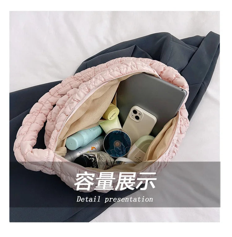 Women Fashion Crossbody Bag Large Capacity Puffy Nylon Casual Handbag Lightweight Quilted Padded Double Zipper Hobo Shoulder Bag