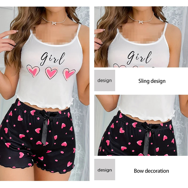Heart-Shaped Printed Patterns Paired with Sleeveless Round Neck Suspender Top and Casual Home Shorts for Women's Pajama Set