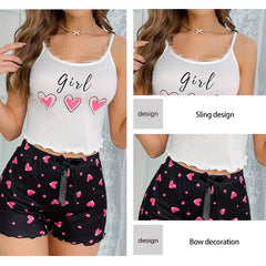 Heart-Shaped Printed Patterns Paired with Sleeveless Round Neck Suspender Top and Casual Home Shorts for Women's Pajama Set