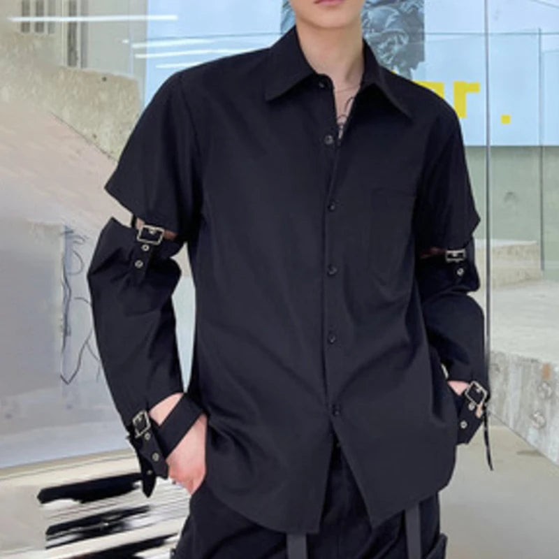 HKSH Men's Punk Darkwear High Street Nihce Design Shirts Sleeve Detachable Necktie Casual Tops Summer Spring Chic Blouse HK0006