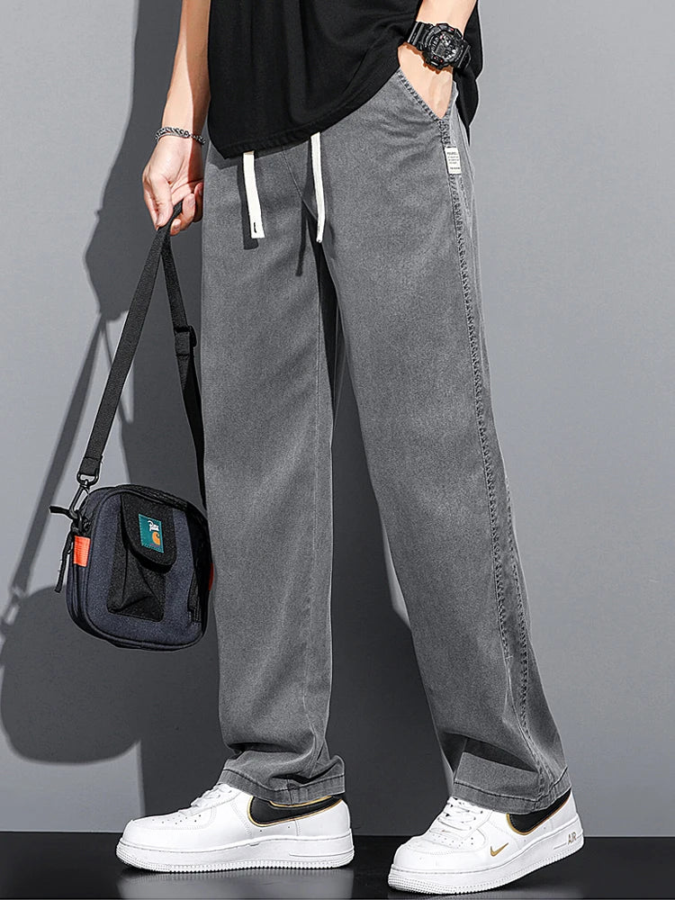 2024 Spring/Summer New Soft Lyocell Fabric Men's Jeans Thin Loose Straight Leg PantsDrawstring Elastic Waist Korean casual pants