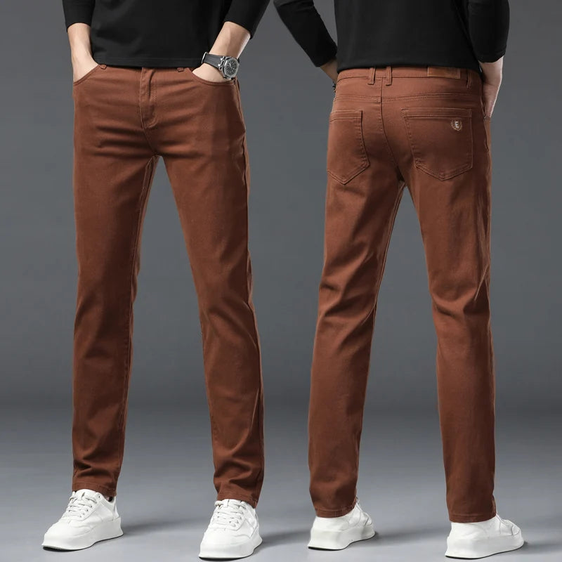 Men's Casual Stretch Skinny Jeans New Elastic Yellow Pink Red Slim Male Clothing Solid Color Simple Business Denim Trousers