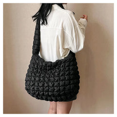 Women Fashion Crossbody Bag Large Capacity Puffy Nylon Casual Handbag Lightweight Quilted Padded Double Zipper Hobo Shoulder Bag