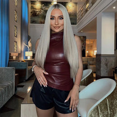 Fashion Solid Leather Y2k Top Skinny Waist Slimming Sleeveless Women Clothing High Collar Streetwear Casual Shirts For Women