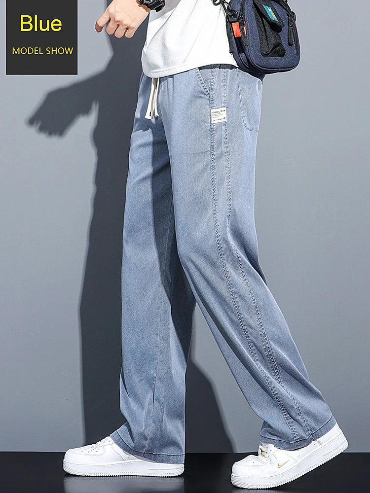 2024 Spring/Summer New Soft Lyocell Fabric Men's Jeans Thin Loose Straight Leg PantsDrawstring Elastic Waist Korean casual pants