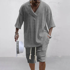 Men Shorts Set Summer Casual Knitted Two Piece Men's Clothing V-Neck Short Sleeve T-shirt and Shorts Streetwear Knit Outfits