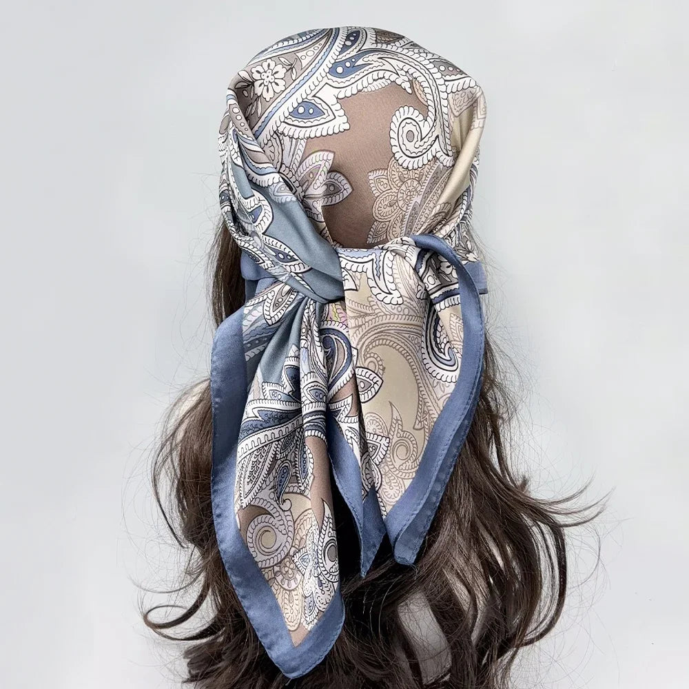 Luxury Brand 2024 Square Scarf Women Cat Neck Hair Tie Band Beach Hijab Kerchief Head Headbands Bandana Female Foulard 70cm