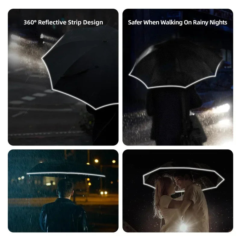 Travel Portable Rain Umbrella, Buckle Automatic Folding Reverse Umbrella, Safety Reflective Strip, Windproof Umbrella Men Women