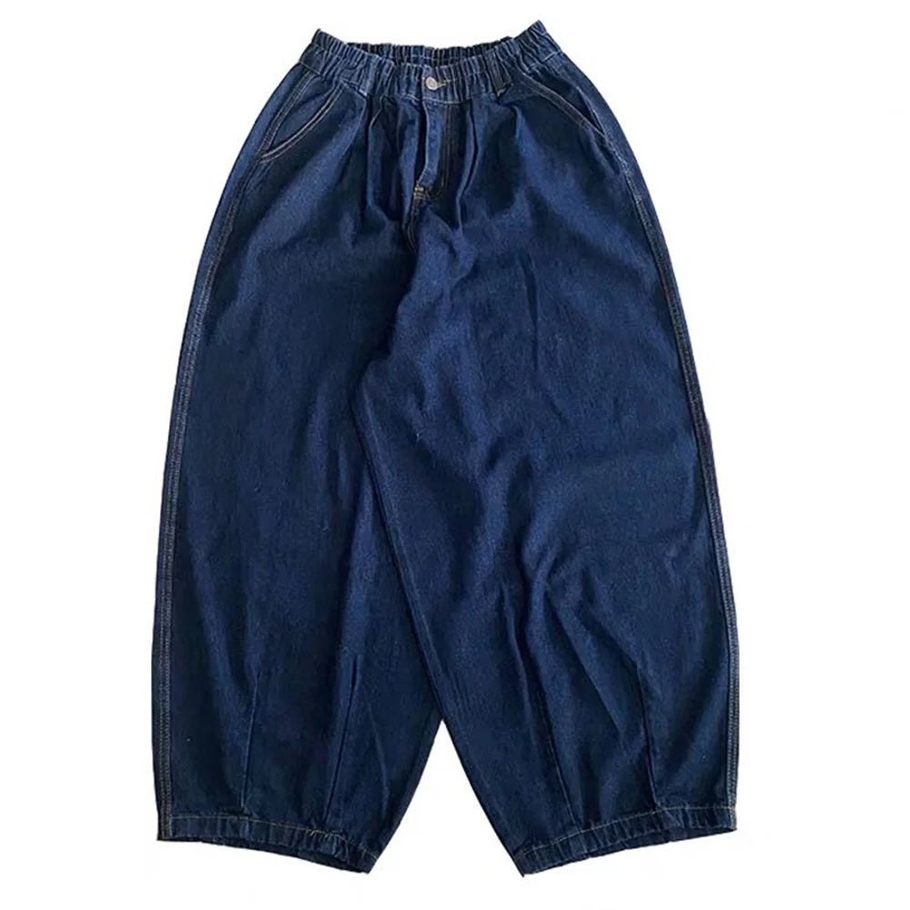 Men Wide Leg Jeans Baggy Retro Blue Japanese Simple Leisure Stylish Soft All-match Pocket Large Size S-3XL Solid New-fashion Hot