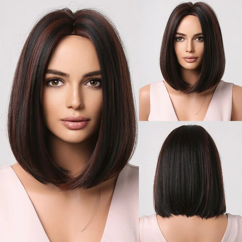 Short Straight Bob Synthetic Wigs for Women White With Black Brown Highlights Cosplay Hair With Bangs Daily Lolita Natural Wigs