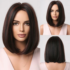 Short Straight Bob Synthetic Wigs for Women White With Black Brown Highlights Cosplay Hair With Bangs Daily Lolita Natural Wigs