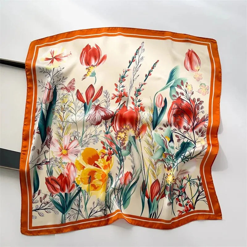 Luxury Print Silk Feeling Square Scarf Women Spring Neck Tie Shawl Wraps Female 70cm Hair Hand Wrist Headkercheif Hijab Bandana