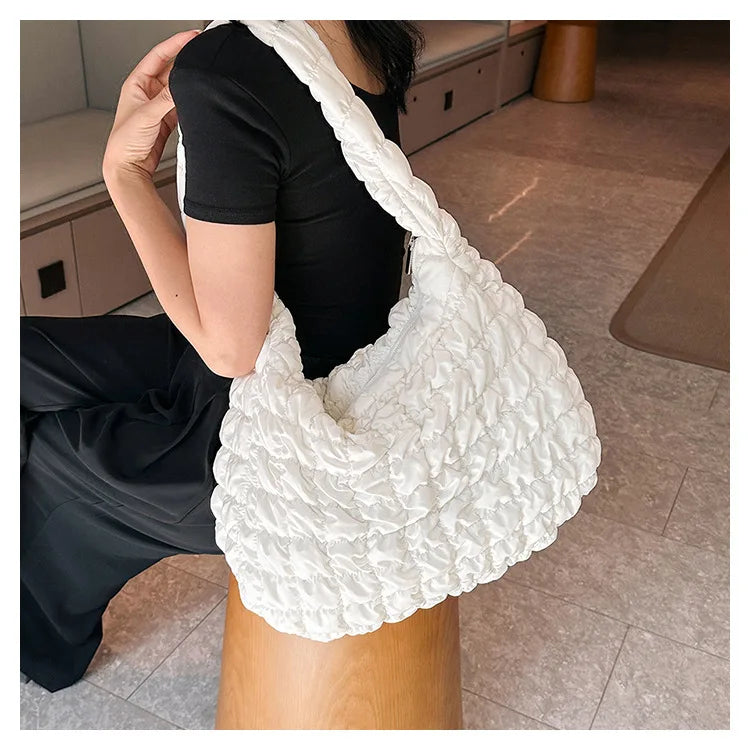 Women Fashion Crossbody Bag Large Capacity Puffy Nylon Casual Handbag Lightweight Quilted Padded Double Zipper Hobo Shoulder Bag