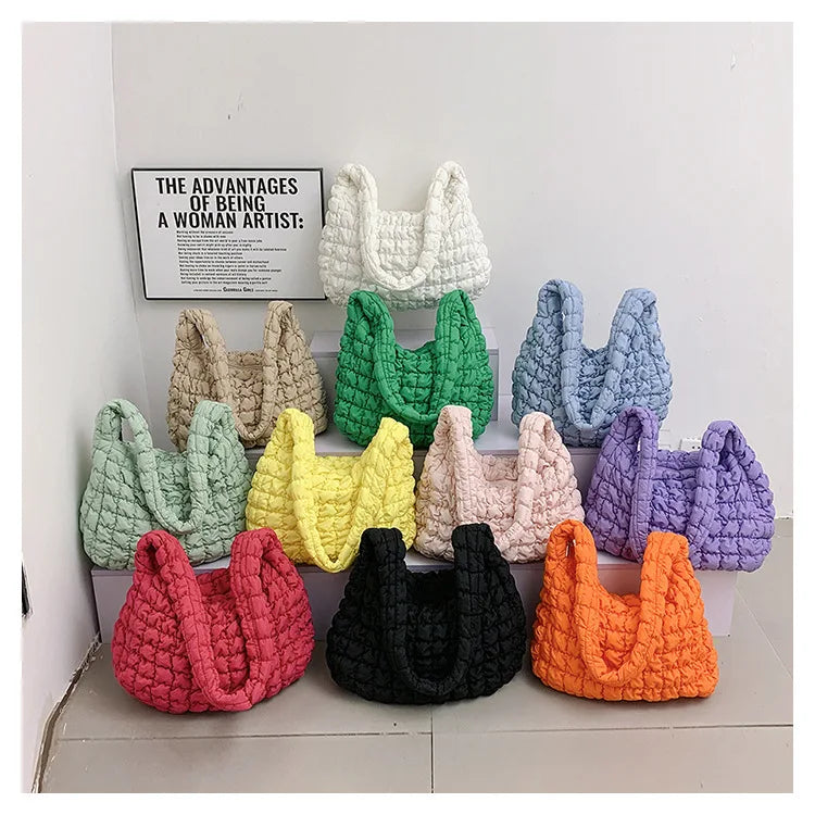 Women Fashion Crossbody Bag Large Capacity Puffy Nylon Casual Handbag Lightweight Quilted Padded Double Zipper Hobo Shoulder Bag