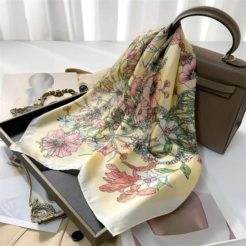 Luxury Print Silk Feeling Square Scarf Women Spring Neck Tie Shawl Wraps Female 70cm Hair Hand Wrist Headkercheif Hijab Bandana