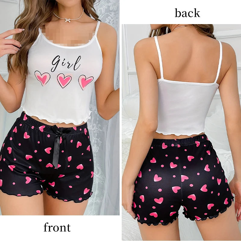 Heart-Shaped Printed Patterns Paired with Sleeveless Round Neck Suspender Top and Casual Home Shorts for Women's Pajama Set