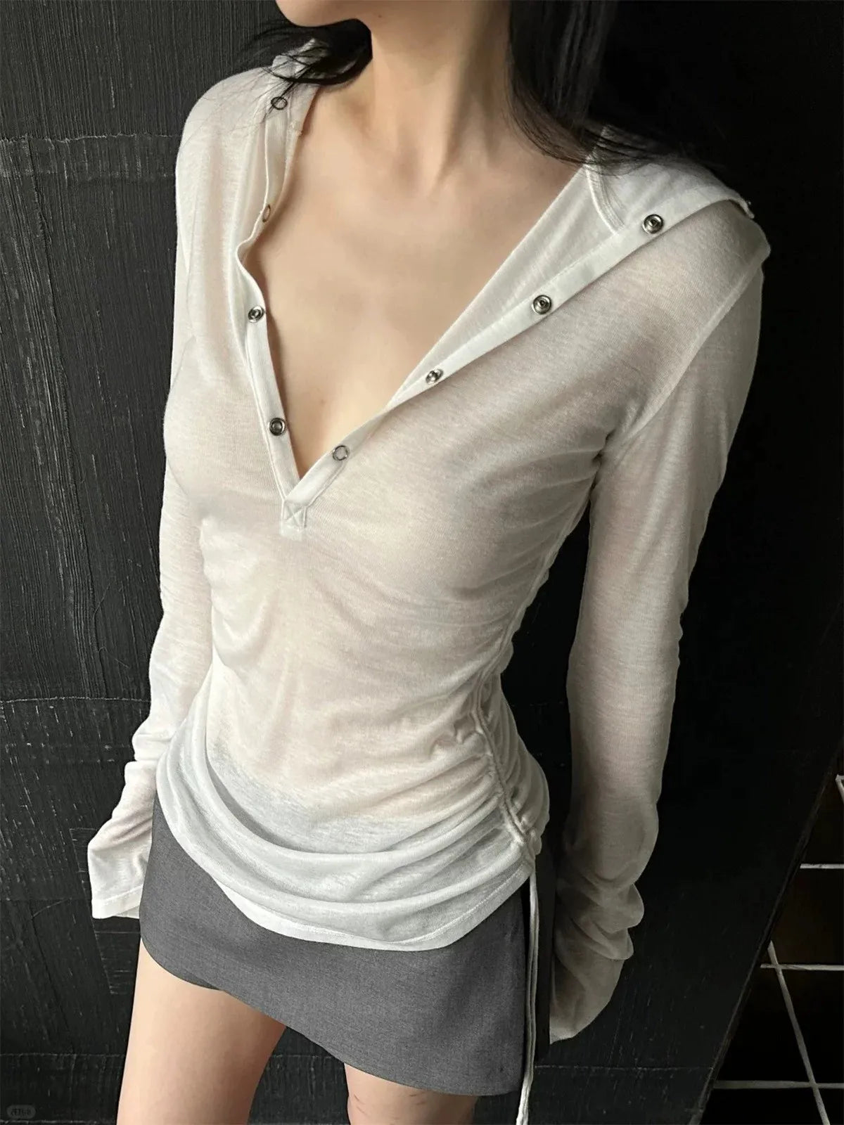Genayooa Hooded Sheer T Shirt Woman Clothes Long Sleeve Korean Fashion 2000s Clothes Y2k See Through Autumn Tops Tees Female