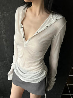 Genayooa Hooded Sheer T Shirt Woman Clothes Long Sleeve Korean Fashion 2000s Clothes Y2k See Through Autumn Tops Tees Female