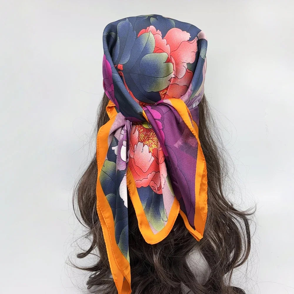 Luxury Brand 2024 Square Scarf Women Cat Neck Hair Tie Band Beach Hijab Kerchief Head Headbands Bandana Female Foulard 70cm