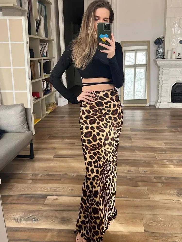 Mooyufon 2024 Women Fashion Leopard Print Skirt Vintage High Waist Midi Skirts Elegant Women Summer Casual Streetwear Skirt