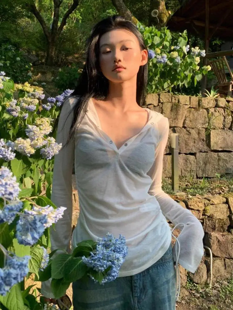 Genayooa Hooded Sheer T Shirt Woman Clothes Long Sleeve Korean Fashion 2000s Clothes Y2k See Through Autumn Tops Tees Female