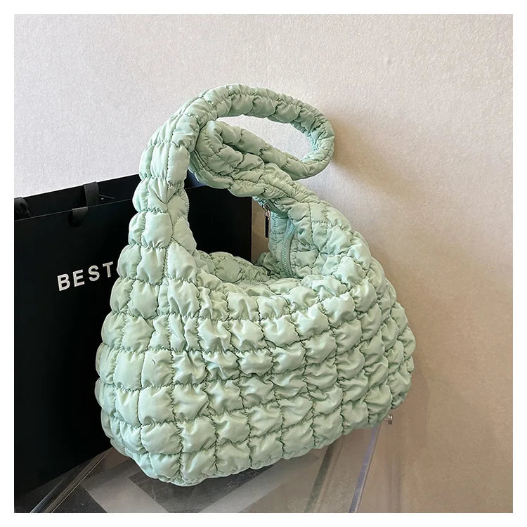 Women Fashion Crossbody Bag Large Capacity Puffy Nylon Casual Handbag Lightweight Quilted Padded Double Zipper Hobo Shoulder Bag