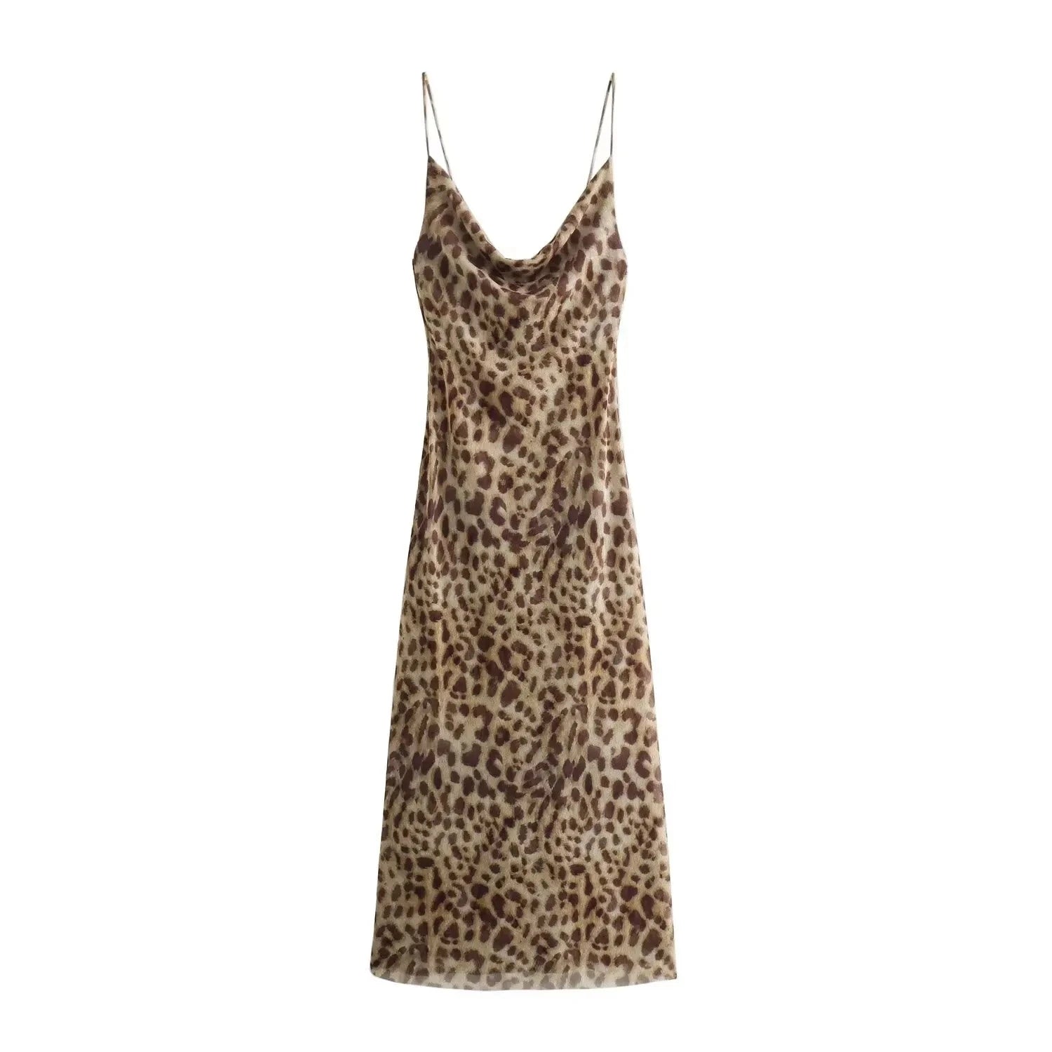 TRAFZA Women Fashion Leopard Print Sleeveless Backless Suspender Dress Summer Female Vintage Slim Casual Beach Party Long Dress