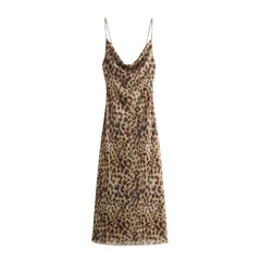 TRAFZA Women Fashion Leopard Print Sleeveless Backless Suspender Dress Summer Female Vintage Slim Casual Beach Party Long Dress